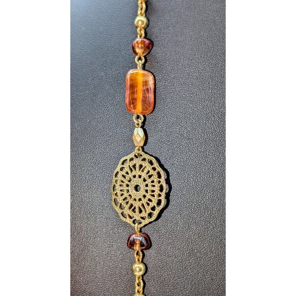 Avon Gold Tone Filigree Metallic Glass Warm Tone Beaded Station Chain Necklace - Picture 2 of 8
